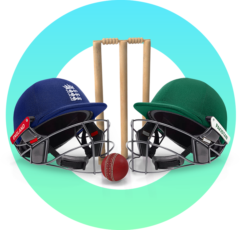 A cricket wicket, ball and two helmets.